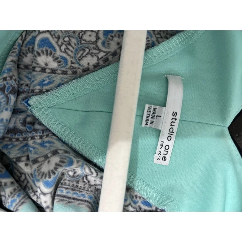 Teal Blue White Beige‎ Paisley Artsy Career Professional Office Dress L